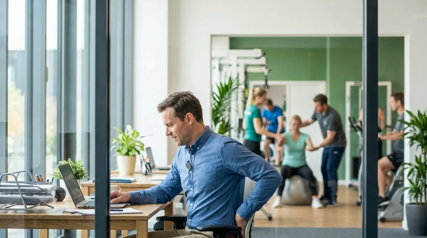 Mann im Büro erhält Vibrationshinweis von einem Haltungs-Wearable und richtet sich auf