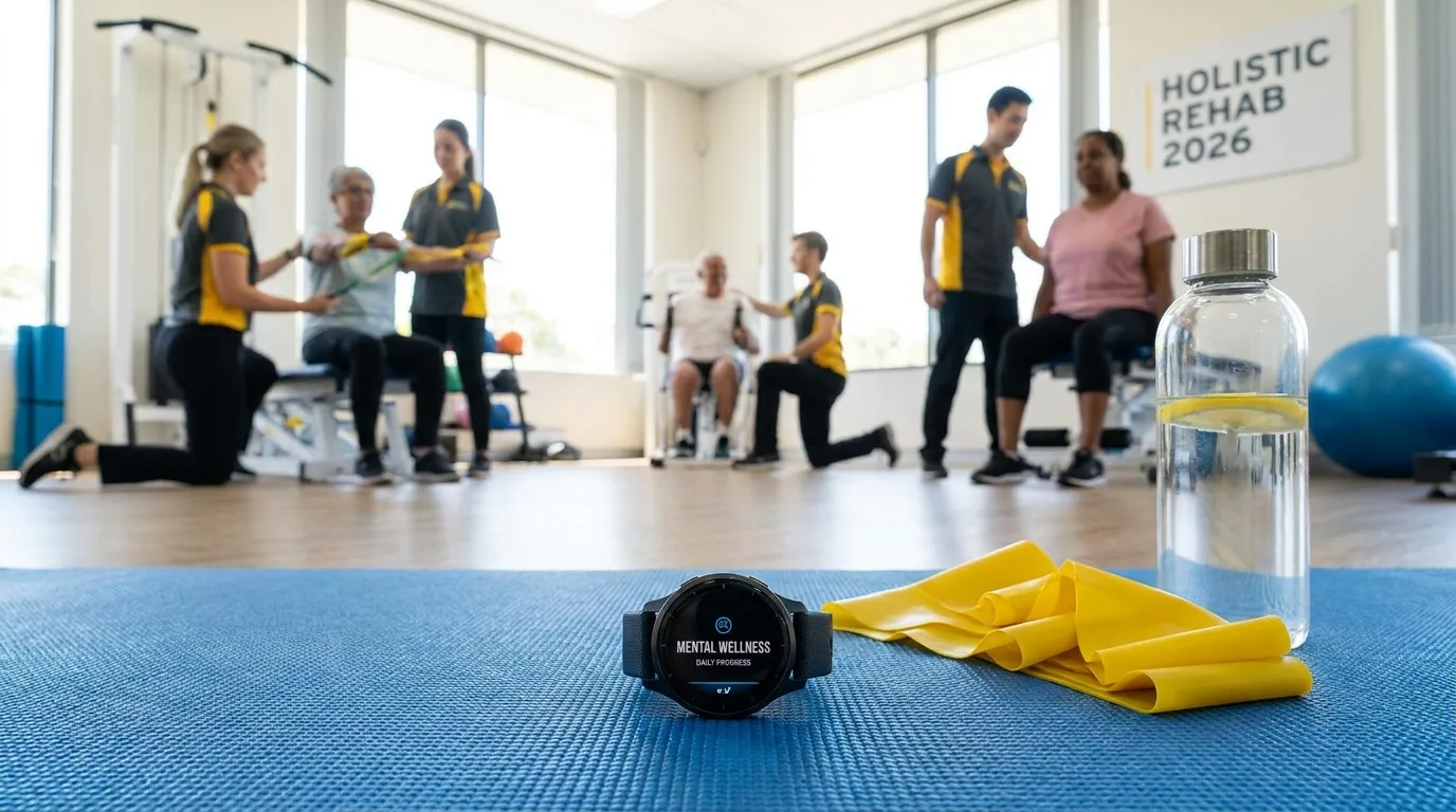 Smartwatch, Theraband und Trainingsmatte auf Holzboden im hellen Therapieraum