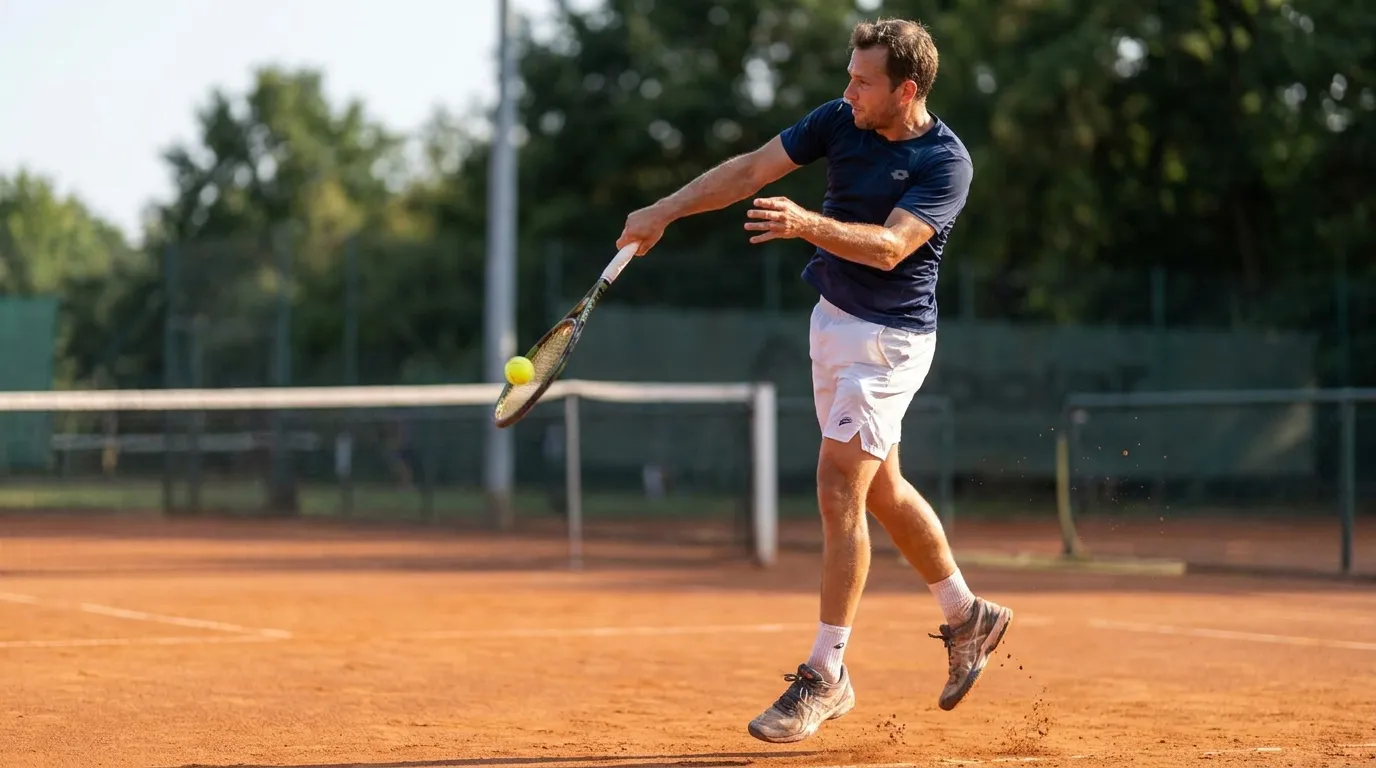 Tennisspieler bei einem Aufschlag mit sichtbarer Rumpfrotation